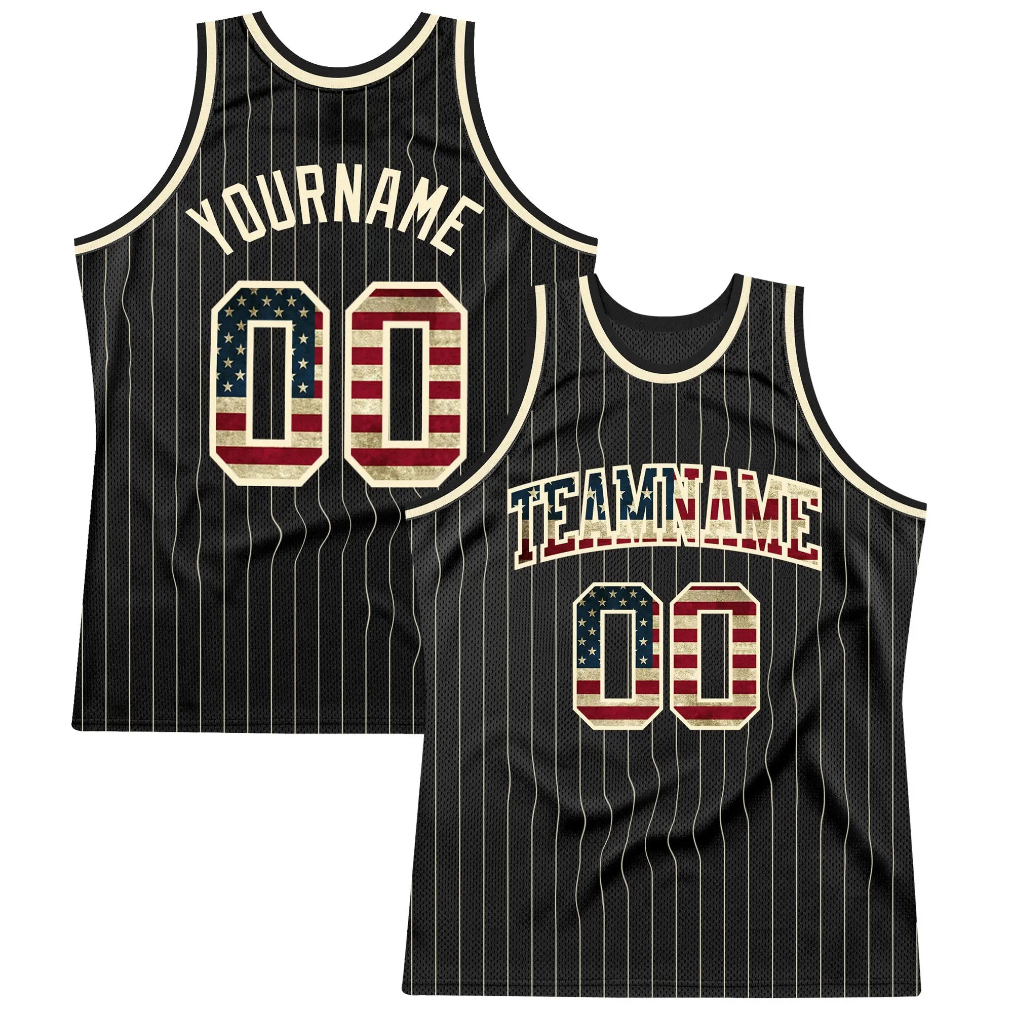black cream pinstripe vintage usa flag cream custom basketball jersey jj3kg